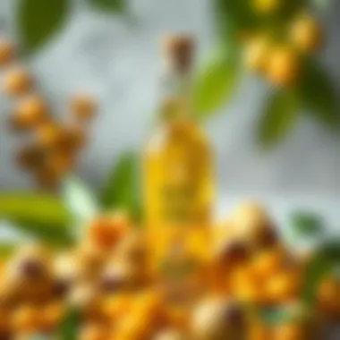 Amla oil bottle surrounded by fresh Amla fruits