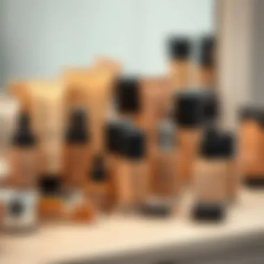 A range of foundation products displayed on a vanity, showing options for different skin tones and types.