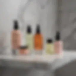 An array of skincare products neatly displayed on a marble countertop