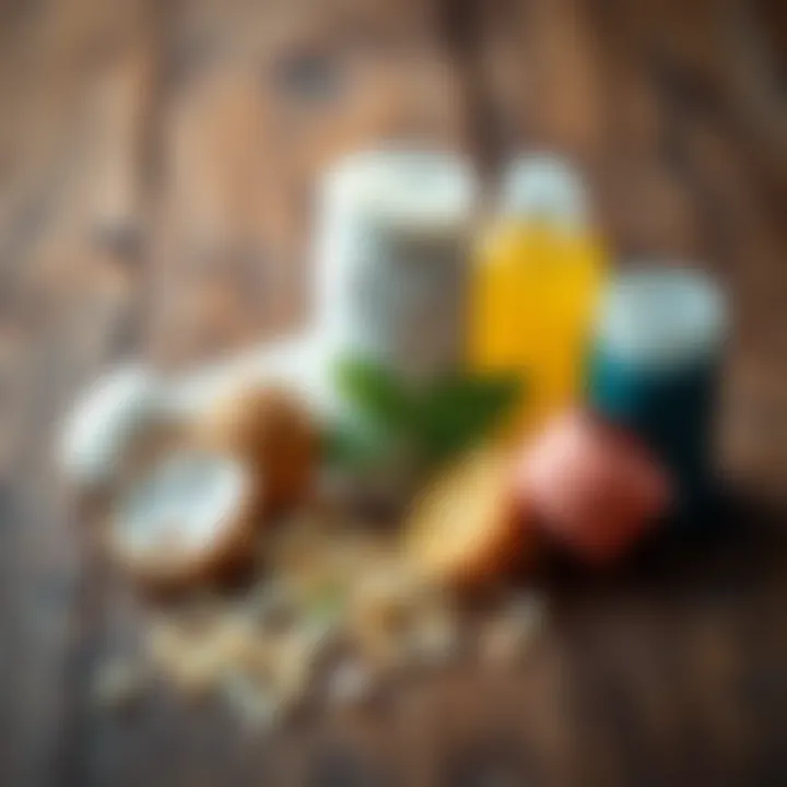 Close-up of deodorant ingredients on a wooden background