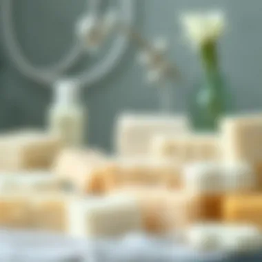 Close-up of diverse types of white soap arranged aesthetically.