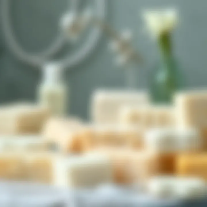 Close-up of diverse types of white soap arranged aesthetically.