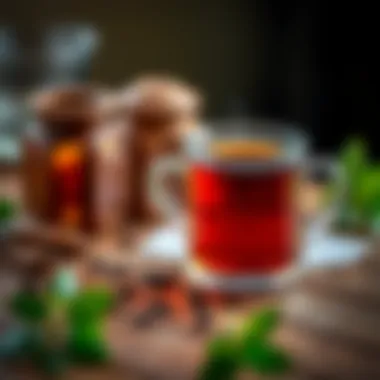 A cup of Civan perçemi tea placed on a wooden table, showcasing its rich color and aroma