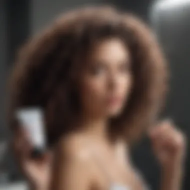 Close-up view of a curly hair care routine with products