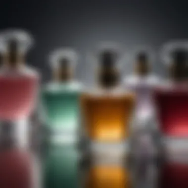 Close-up of perfume bottles showcasing different types of fragrances