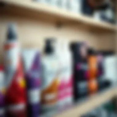 A collection of professional hair dye products lined up on a shelf.