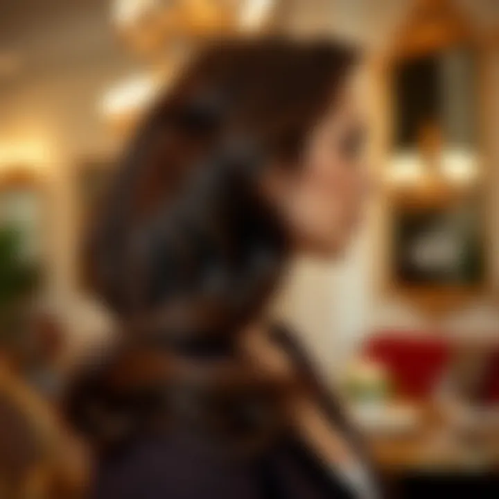 A stylish hairstyle featuring ash brown hair in an elegant setting