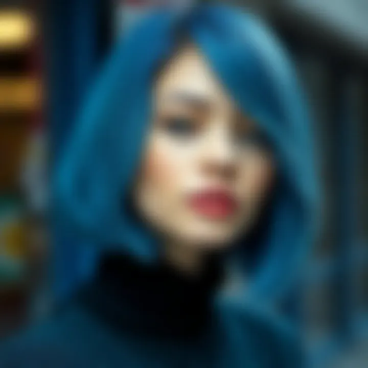 Bold bob hairstyle featuring striking blue highlights