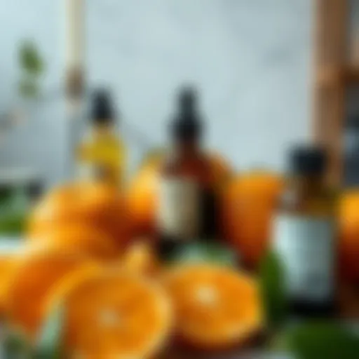 Fresh oranges and essential oil bottles
