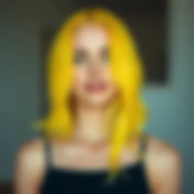 Woman with beautifully dyed yellow hair demonstrating stylish look