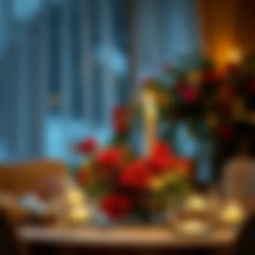 A romantic dinner setup with candles and flowers