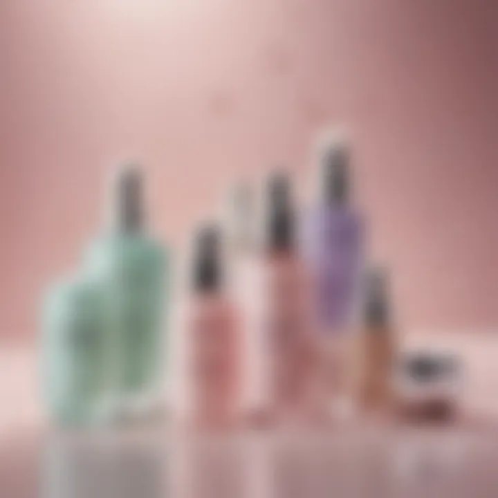 An elegant display of skincare products featuring niacinamide, AHA, and BHA with a soft-focus background.