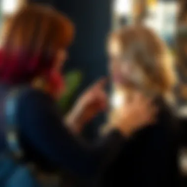 A stylist consulting a client on hair color choices