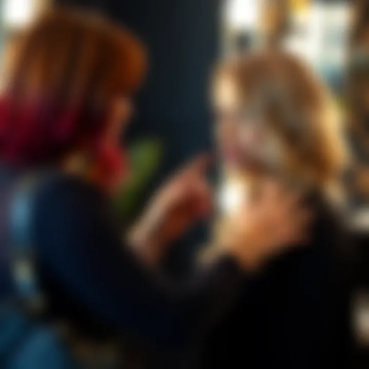 A stylist consulting a client on hair color choices