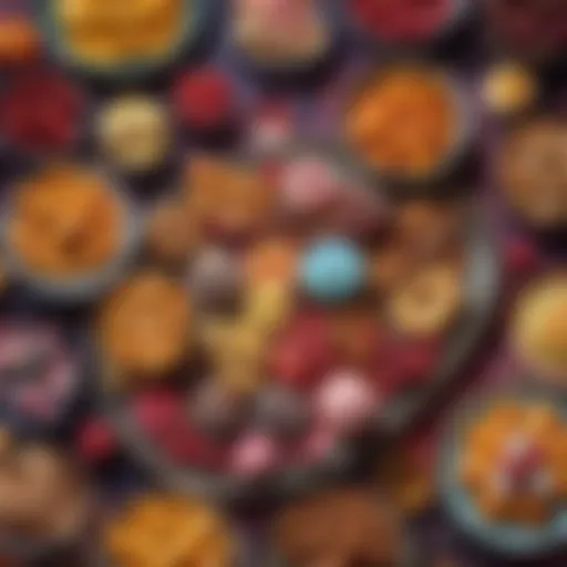 A close-up image of various sweets and desserts on a table, showcasing their vibrant colors and textures.