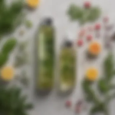 A bottle of herbal toner surrounded by fresh ingredients.